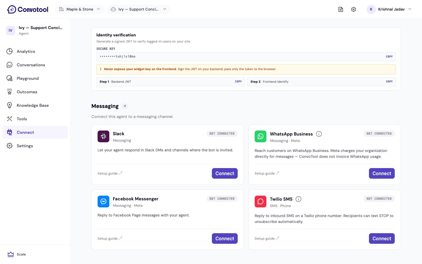 The identity verification section showing the widget key and code snippets
