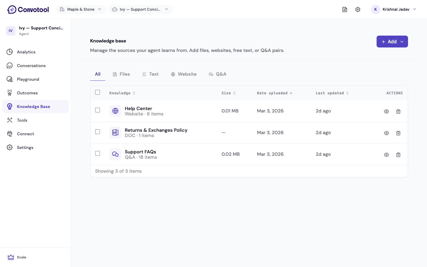 The Knowledge Base page listing knowledge sources with their status