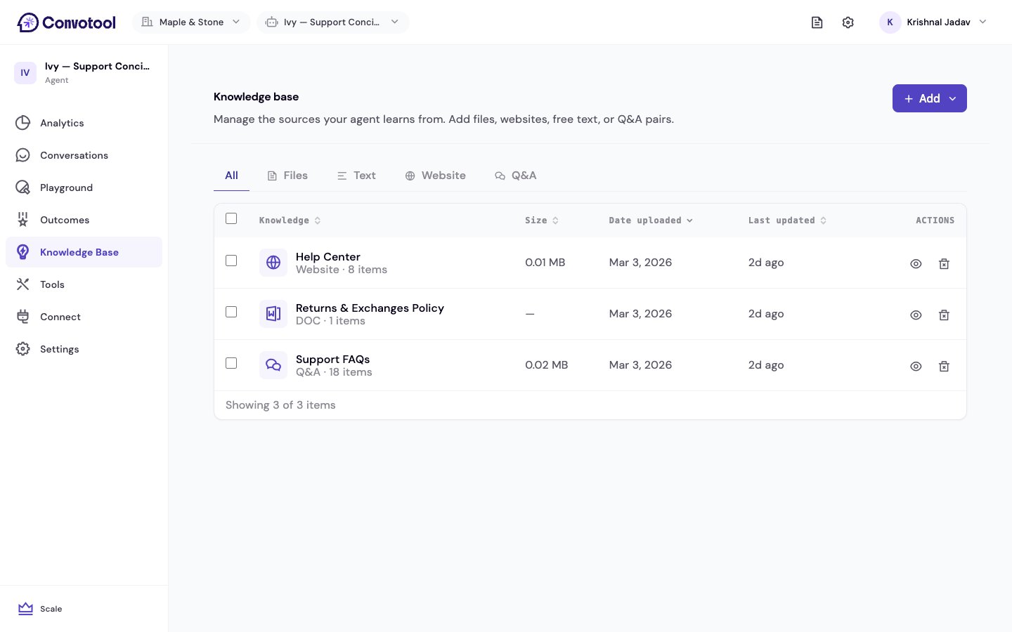 The Knowledge Base page listing knowledge sources with their status
