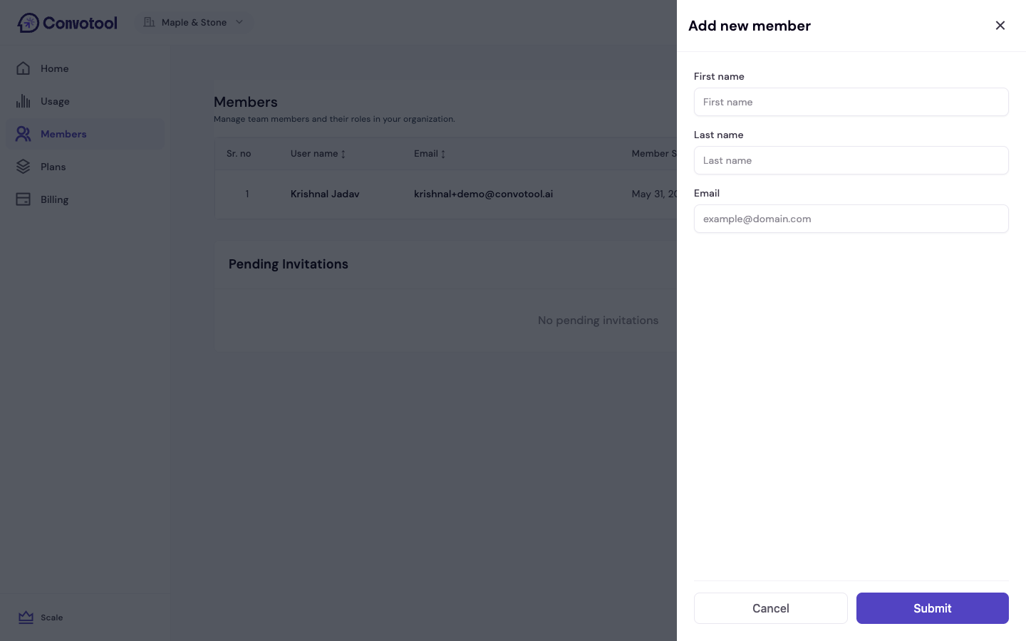 The Members page with the team list and roles
