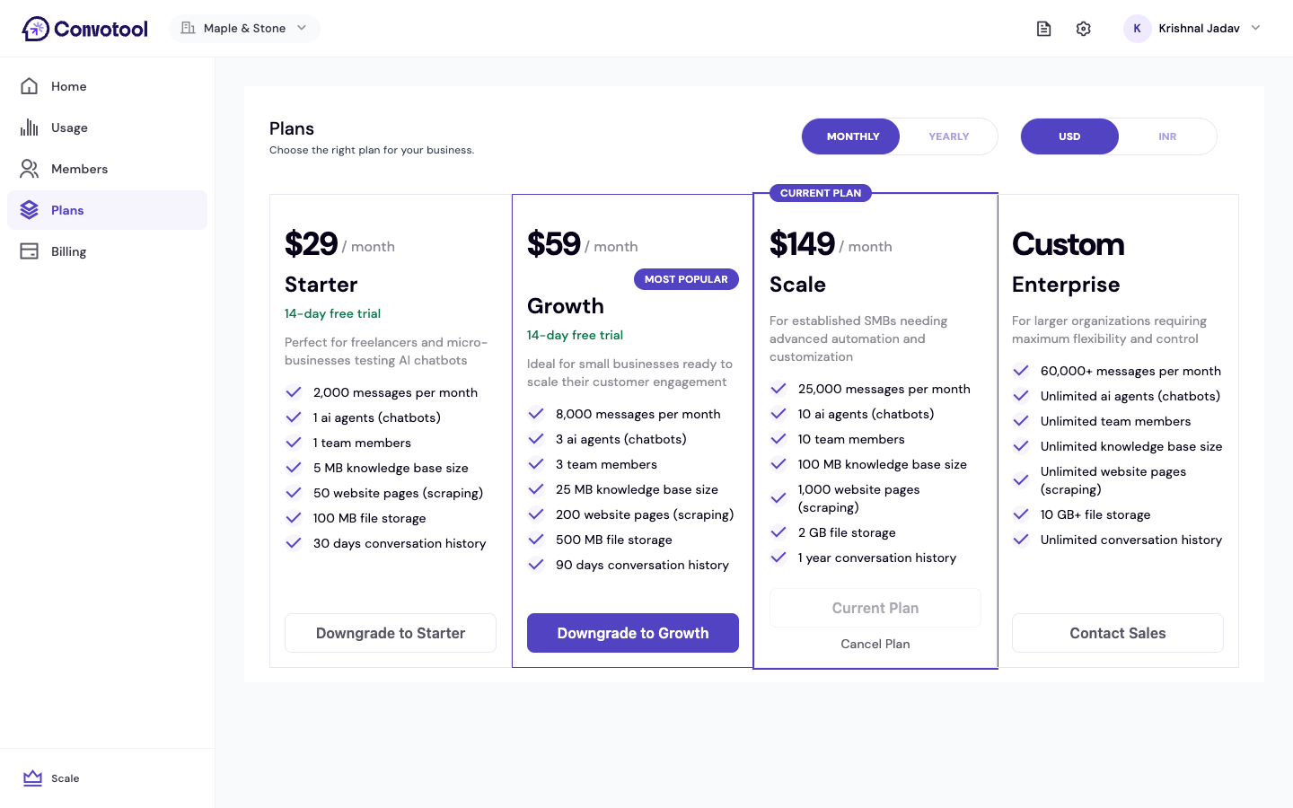 The Plans page showing the Starter, Growth, Scale, and Enterprise tiers