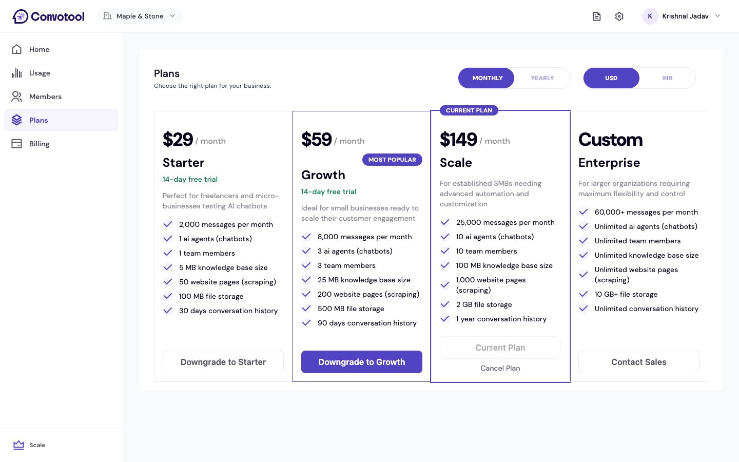 The Plans page showing the Starter, Growth, Scale, and Enterprise tiers