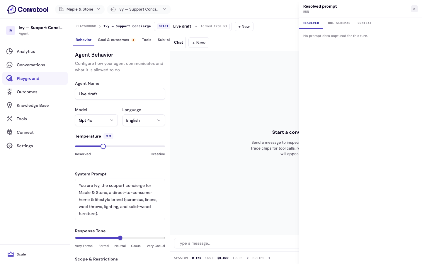 The Playground resolved prompt drawer and trace details for a response