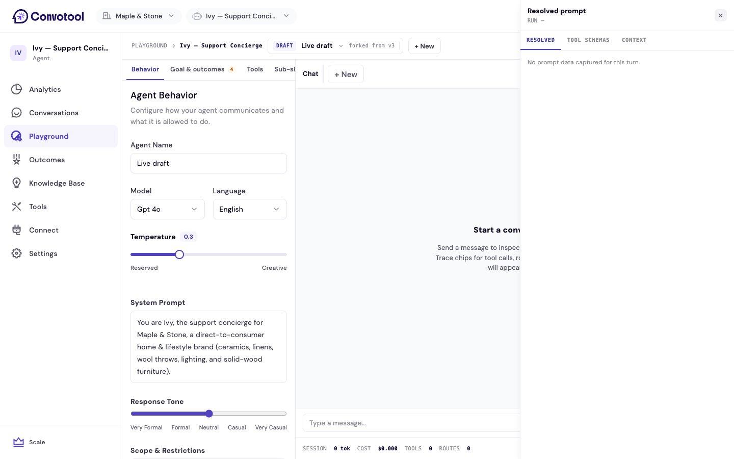 The Playground resolved prompt drawer and trace details for a response