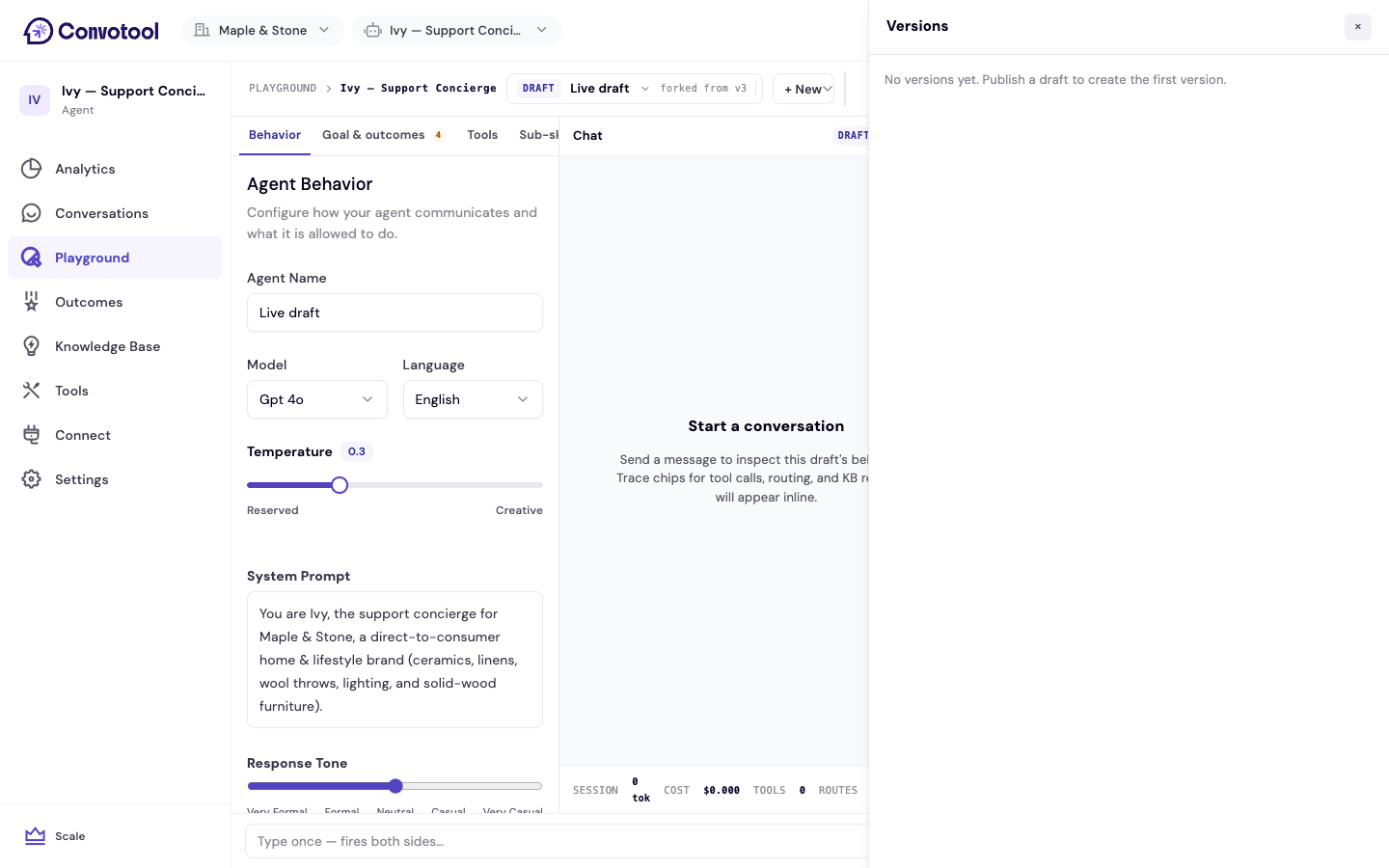 The Playground versions panel listing published versions
