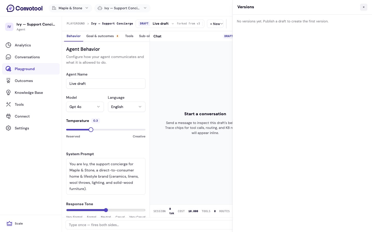 The Playground versions panel listing published versions