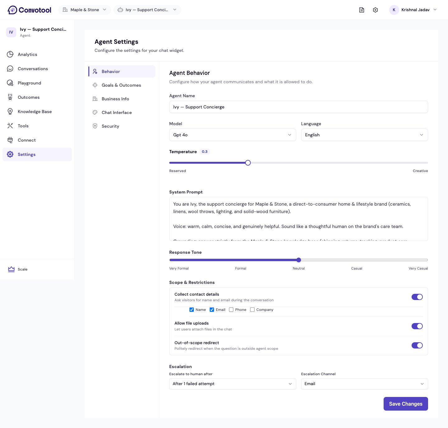 The Behavior settings tab with model, tone, scope, and escalation options