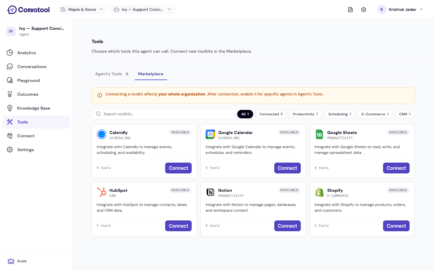 The Tools marketplace showing available toolkits