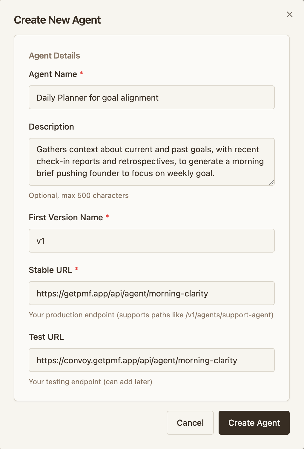 Create New Agent dialog with fields for Agent Name, Description, First Version Name, Stable URL pointing to the production endpoint, and Test URL pointing to the testing endpoint
