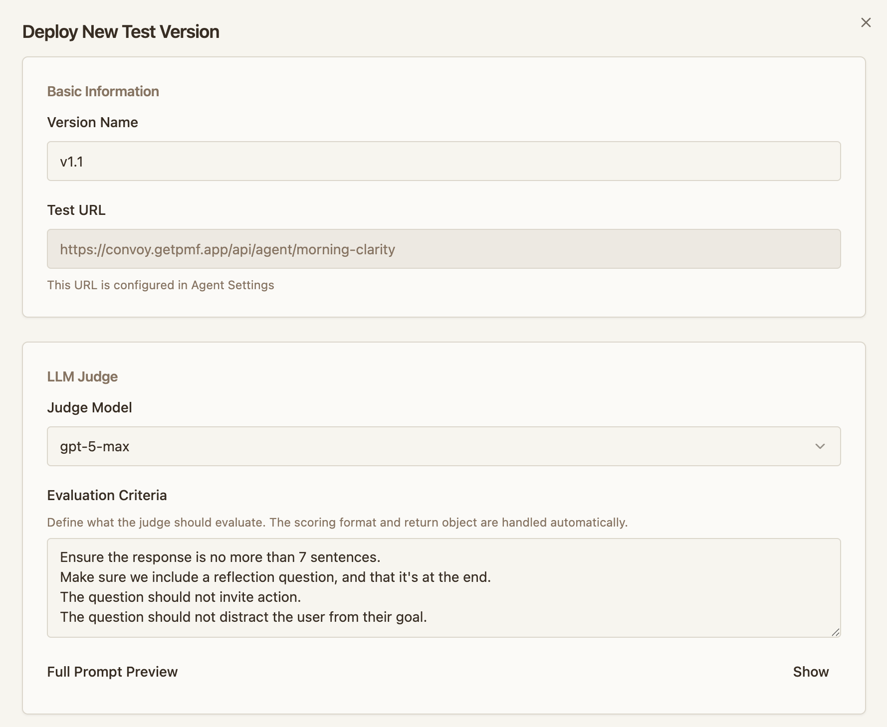 Deploy New Test Version dialog with fields for version name and test URL, plus an LLM Judge section with judge model selector and evaluation criteria prompt describing what the judge should score