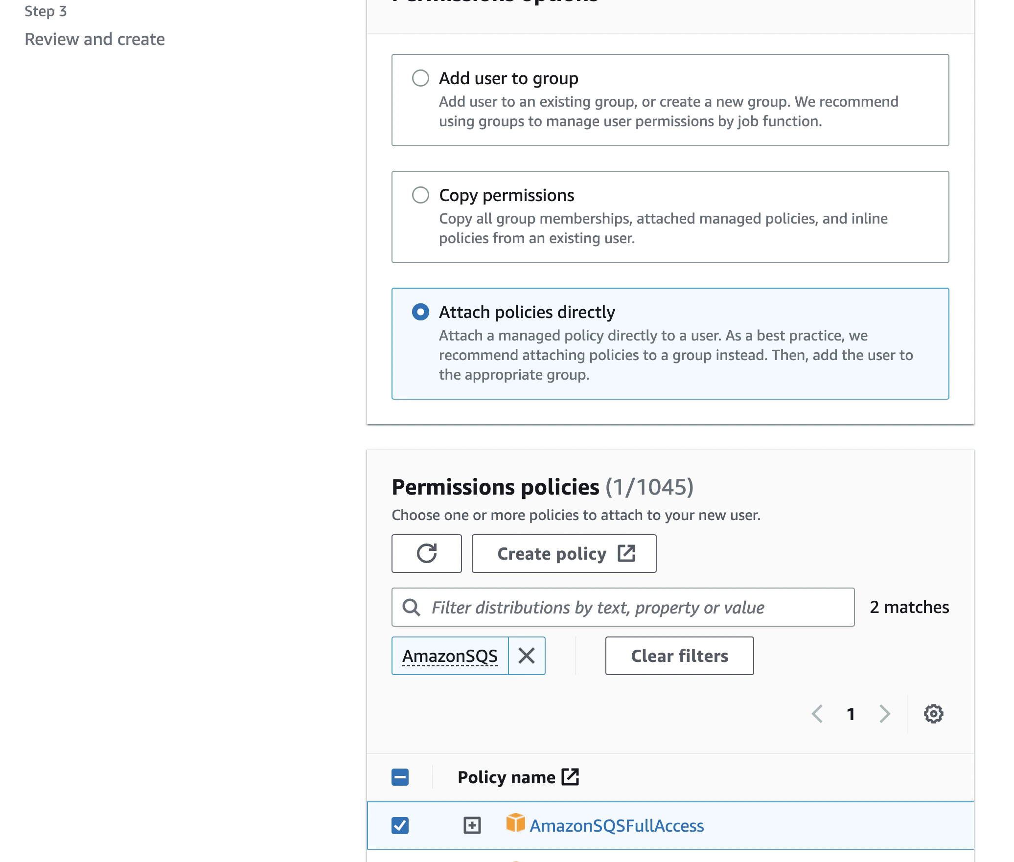 attach AmazonSQSFullAccess policy