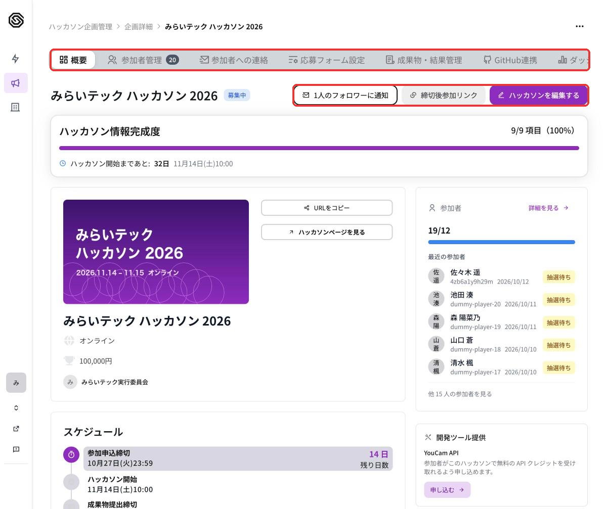 ハッカソンの概要タブ。上にフォロワーに通知、締切後参加リンク、ハッカソンを編集するのボタン