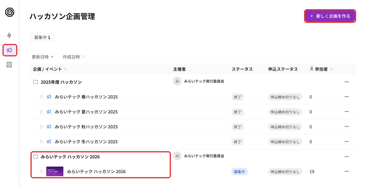ハッカソン企画管理の画面。企画ごとにハッカソンがまとまって並ぶ