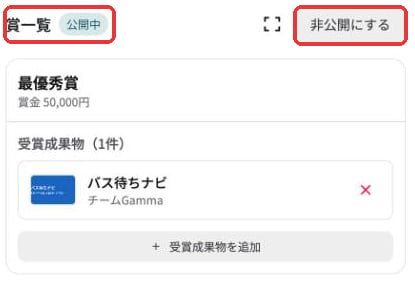 賞一覧の横が公開中になり、右上が非公開にするボタンに変わっている