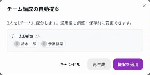 チーム編成の自動提案。2人を1チームに配分する案と、キャンセル・再生成・提案を適用のボタン