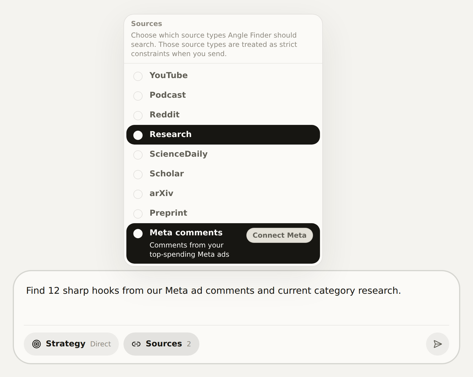 Angle Finder Sources menu showing the Connect Meta action for Meta comments