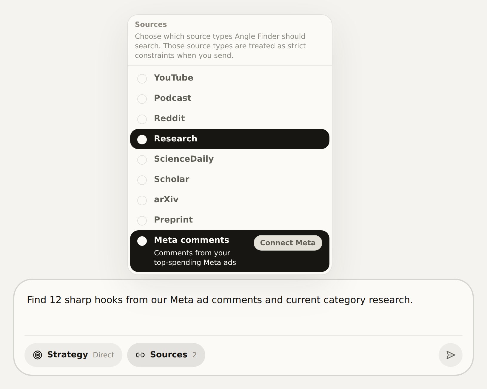 Angle Finder Sources menu showing the Connect Meta action for Meta comments