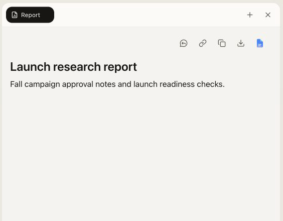Launch research report open in the current Canvas workspace panel