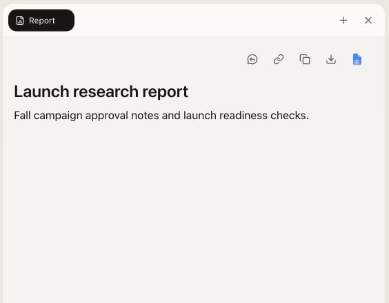 Launch research report open in the current Canvas workspace panel