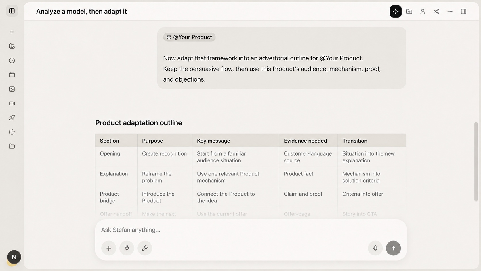 Chat showing a Product mention and an adapted outline with each section's purpose, key message and evidence needed