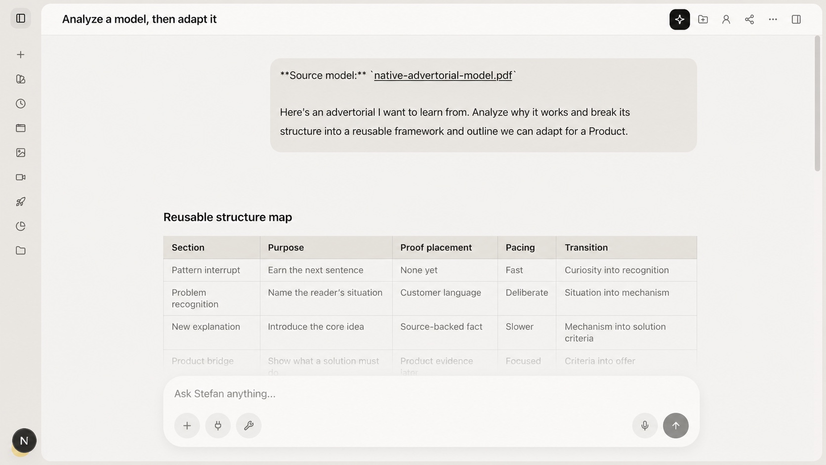 Chat showing a native advertorial model request and a reusable structure map before Product context is added