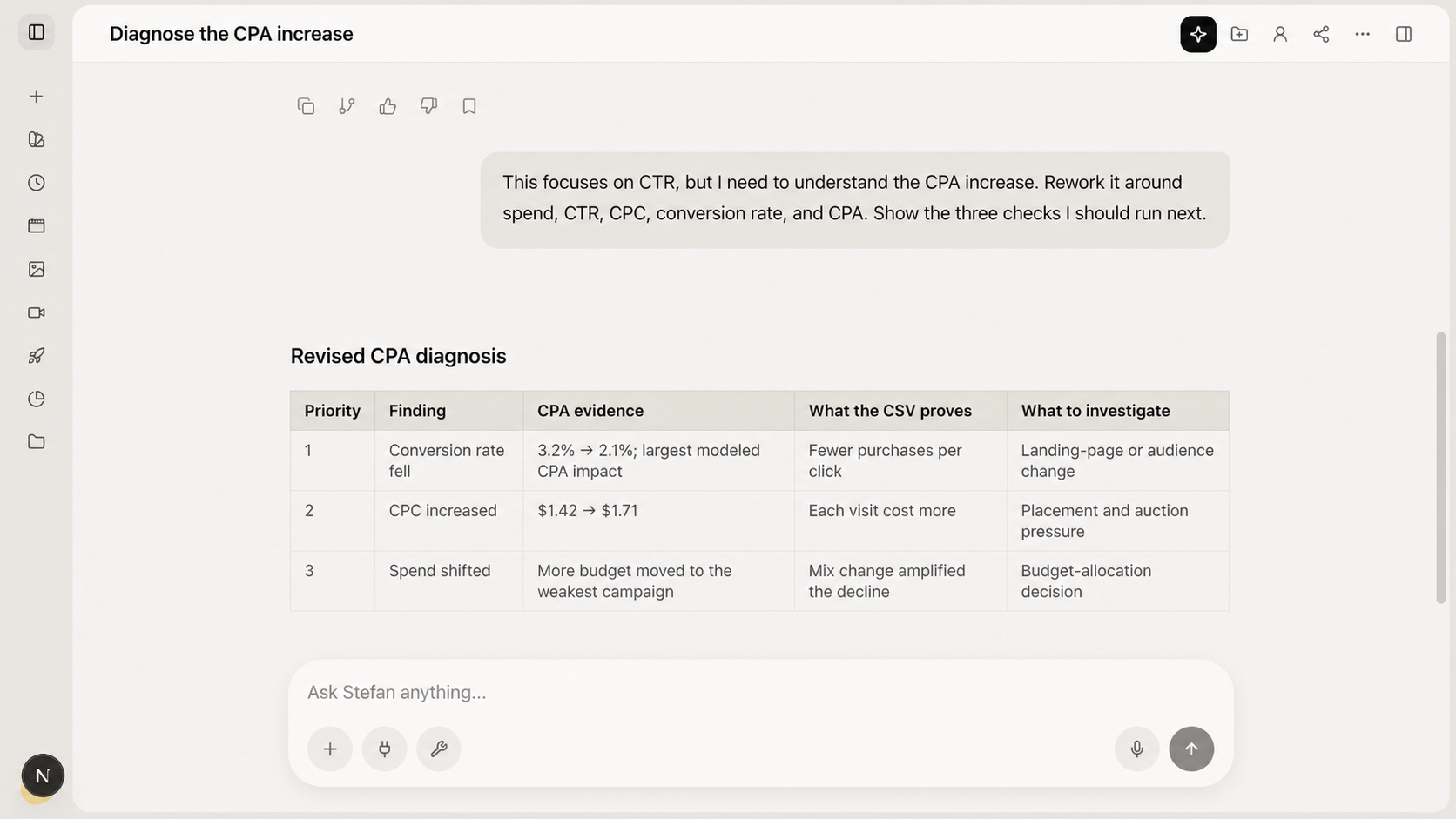 Chat showing a targeted CPA correction followed by a revised diagnosis table with evidence and open investigations