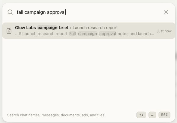 Search for fall campaign approval returning the Launch research report from the Glow Labs campaign brief Chat