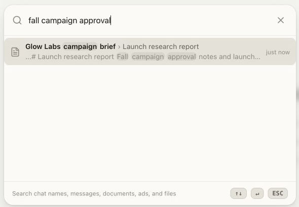 Search for fall campaign approval returning the Launch research report from the Glow Labs campaign brief Chat