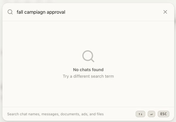Search with a misspelled campaign phrase showing no Chats found and prompting for a different term