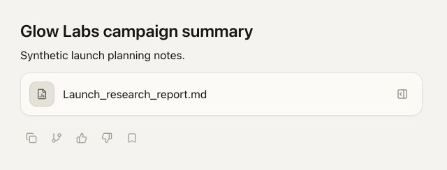Glow Labs campaign brief Chat showing the Launch research report output card
