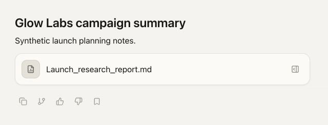 Glow Labs campaign brief Chat showing the Launch research report output card
