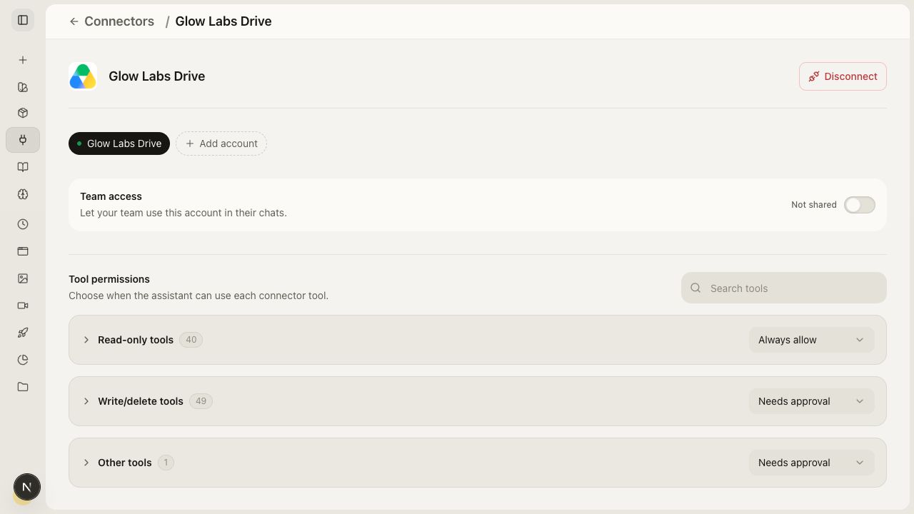 Glow Labs Drive connector detail showing Team access set to Not shared and separate read and write tool permission groups