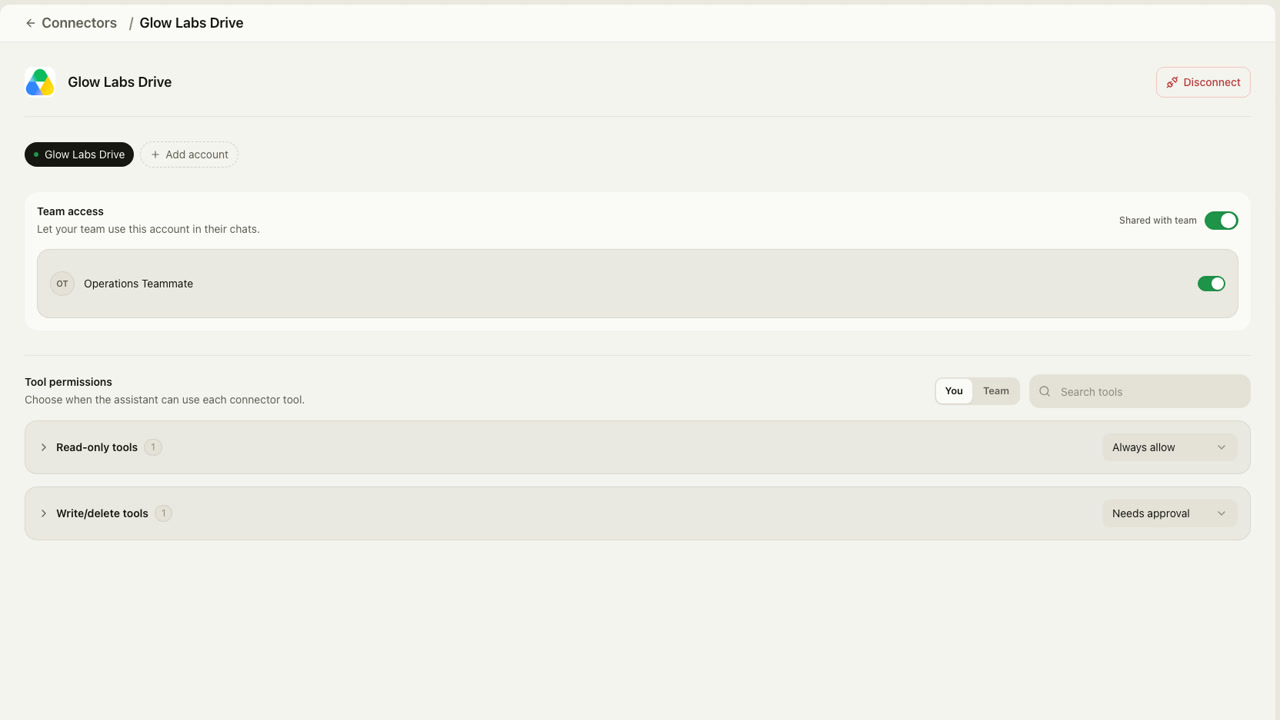 Glow Labs Drive connector detail showing Shared with team, an enabled Team member, and the separate You and Team permission profiles
