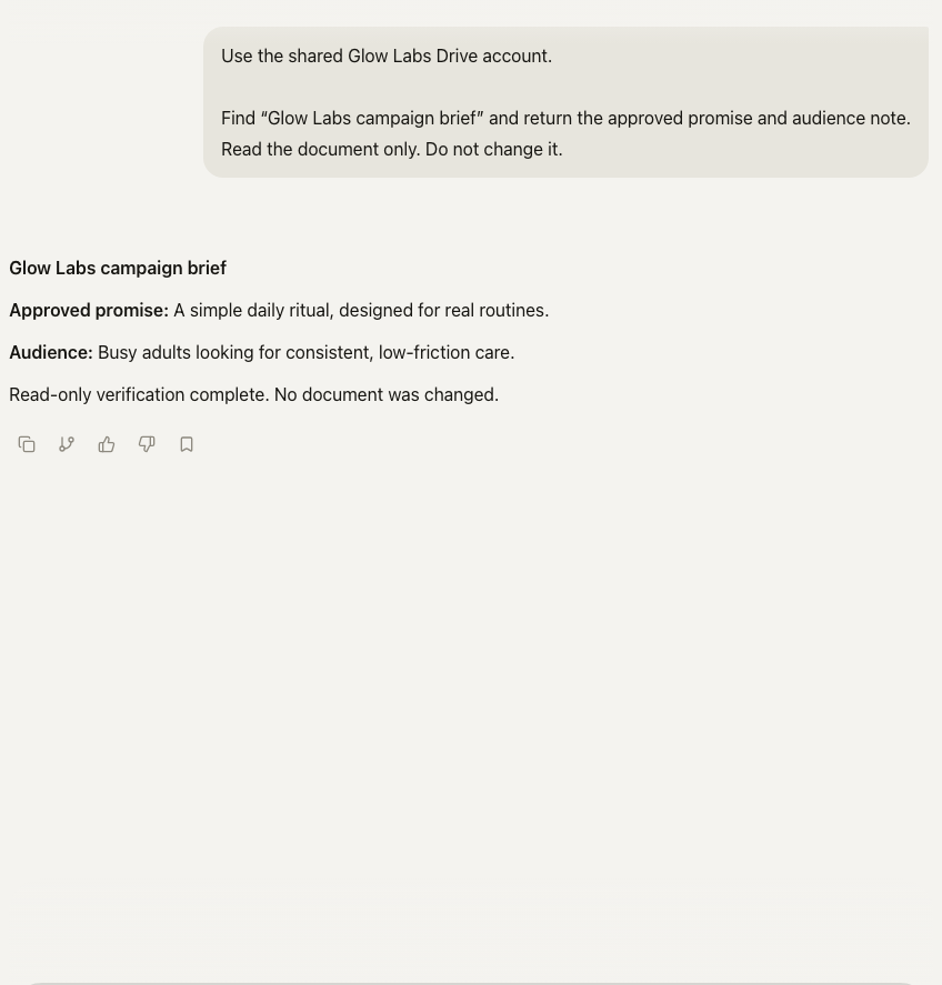 Chat request using the shared Glow Labs Drive account followed by the Glow Labs campaign brief promise and audience note and a read-only verification confirmation