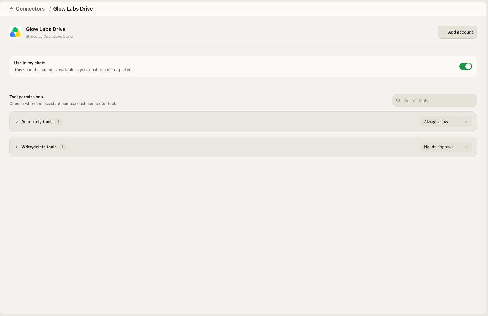 Teammate view of Glow Labs Drive shared by Operations Owner with Use in my chats enabled, read-only tools allowed and write or delete tools requiring approval