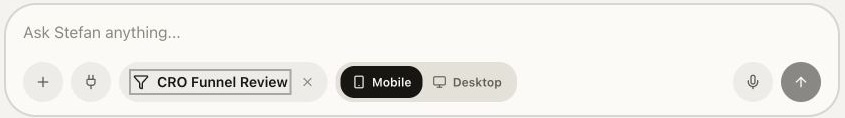 Chat composer with CRO Funnel Review selected and Mobile and Desktop device choices visible
