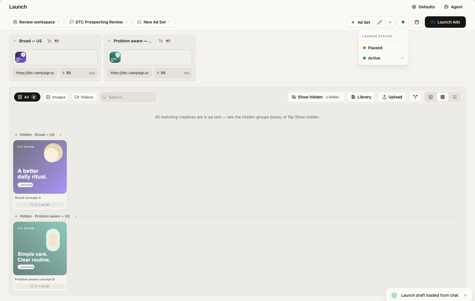 Hydrated DTC Prospecting Review draft with Active selected in the Launch status menu before the reviewer changes it to Paused