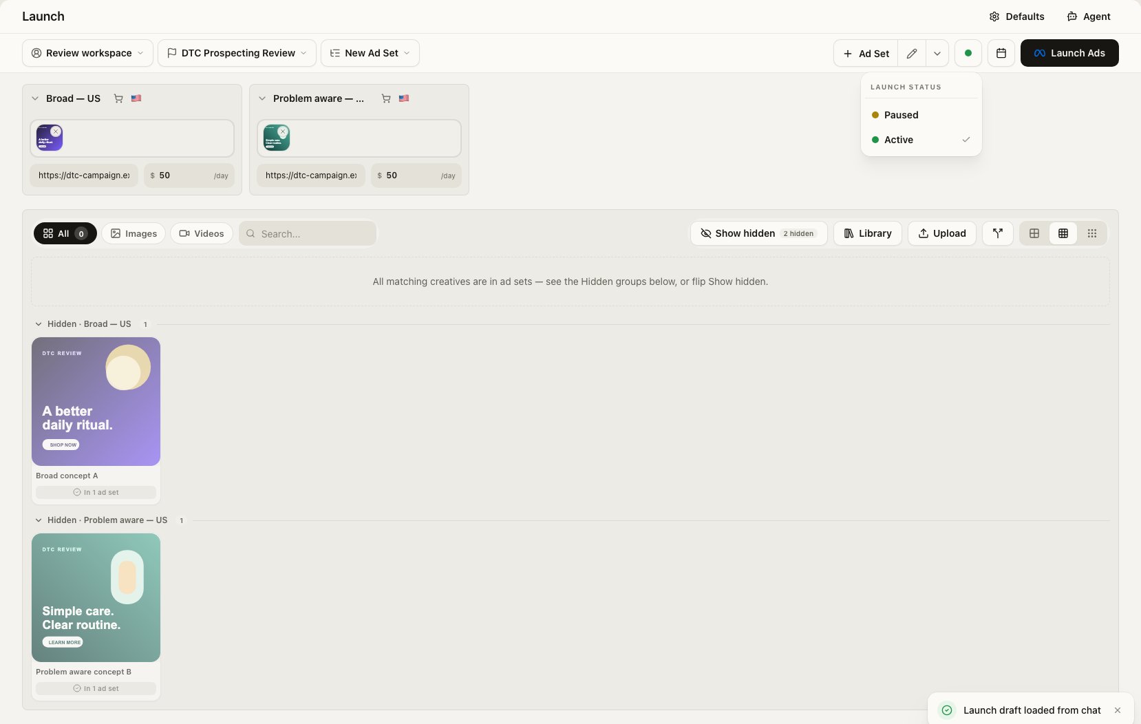 Hydrated DTC Prospecting Review draft with Active selected in the Launch status menu before the reviewer changes it to Paused