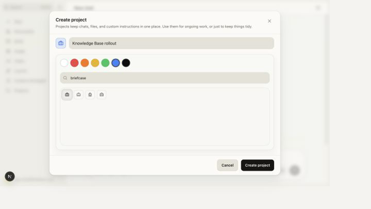 Create Project dialog filled with the Knowledge Base rollout name, a blue color, and a briefcase icon