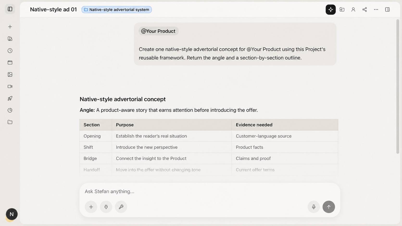 Focused Project Chat showing one Product mention and one deliverable request
