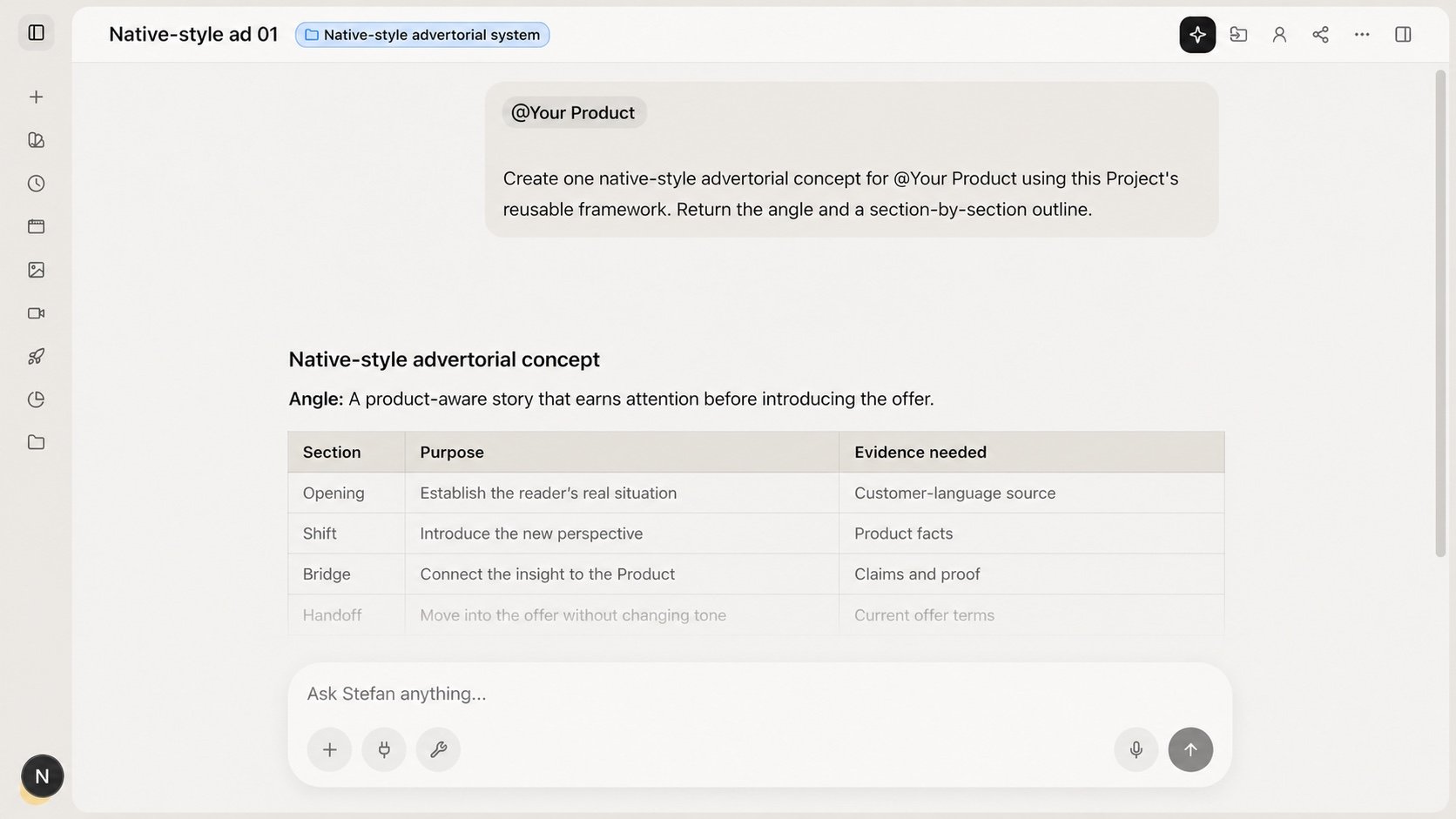 Focused Project Chat showing one Product mention and one deliverable request