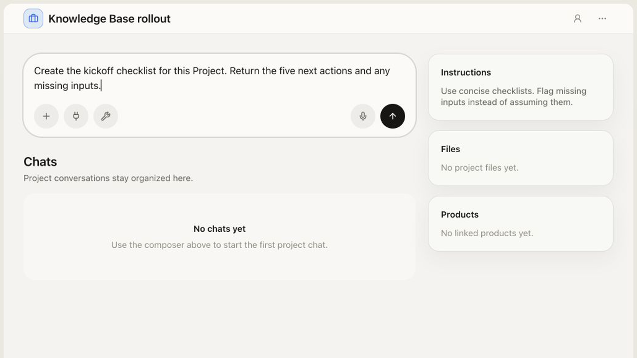 Knowledge Base rollout Project composer showing a kickoff-checklist request beside the saved Project instruction