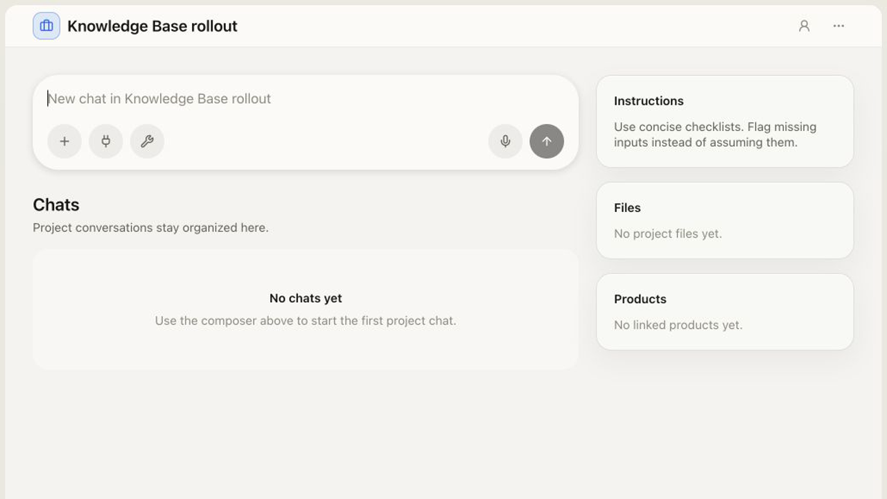 Knowledge Base rollout Project overview showing its saved concise-checklist instruction and no Chats yet