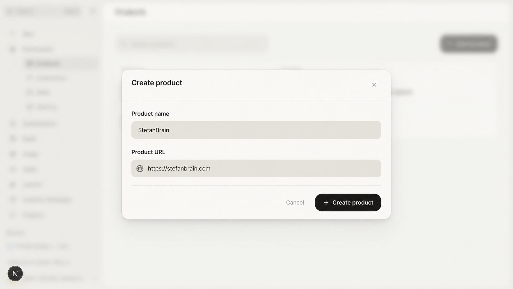 Create Product form filled with the StefanBrain name and its direct product URL