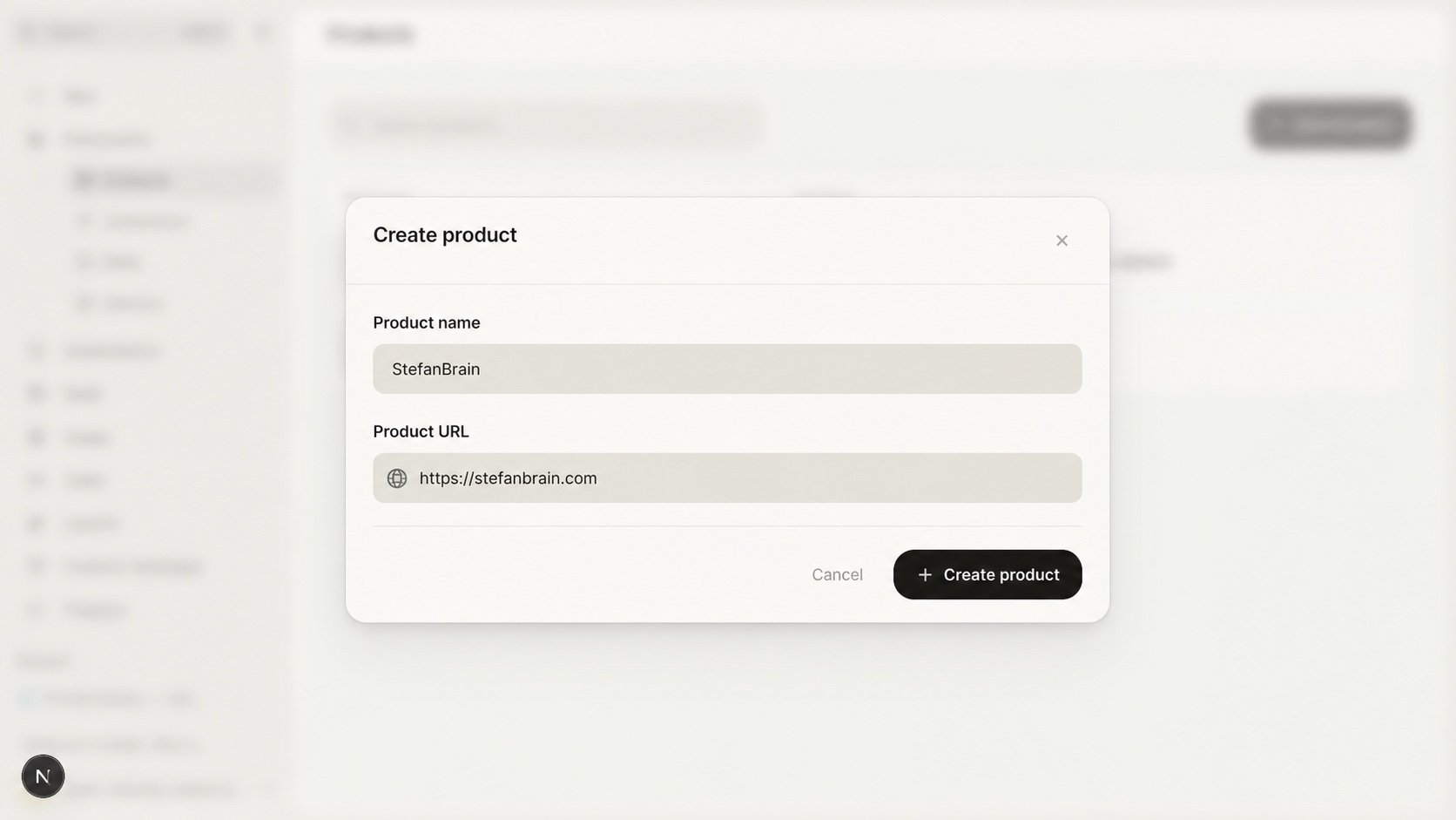 Create Product form filled with the StefanBrain name and its direct product URL