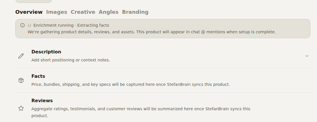 Product Overview showing Enrichment running above Description, Facts and Reviews