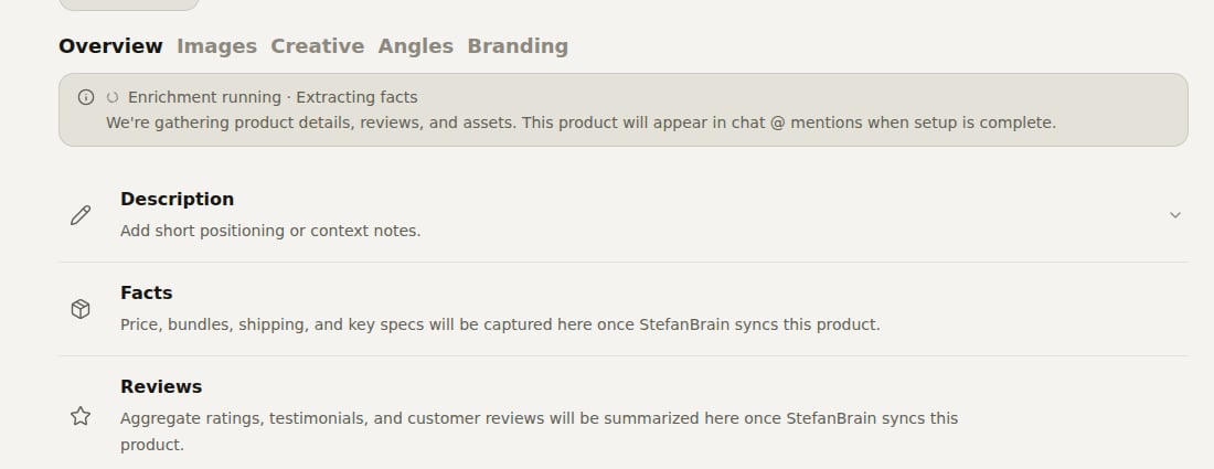 Product Overview showing Enrichment running above Description, Facts and Reviews