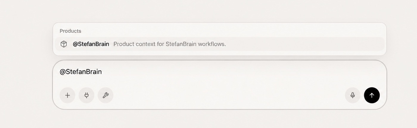 Chat mention menu showing StefanBrain under Products