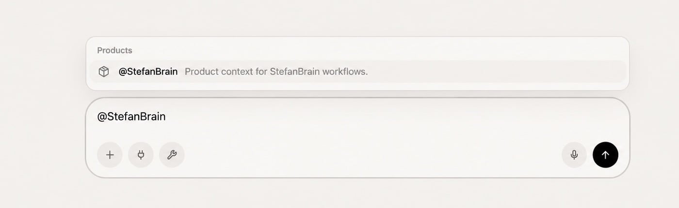 Chat mention menu showing StefanBrain under Products