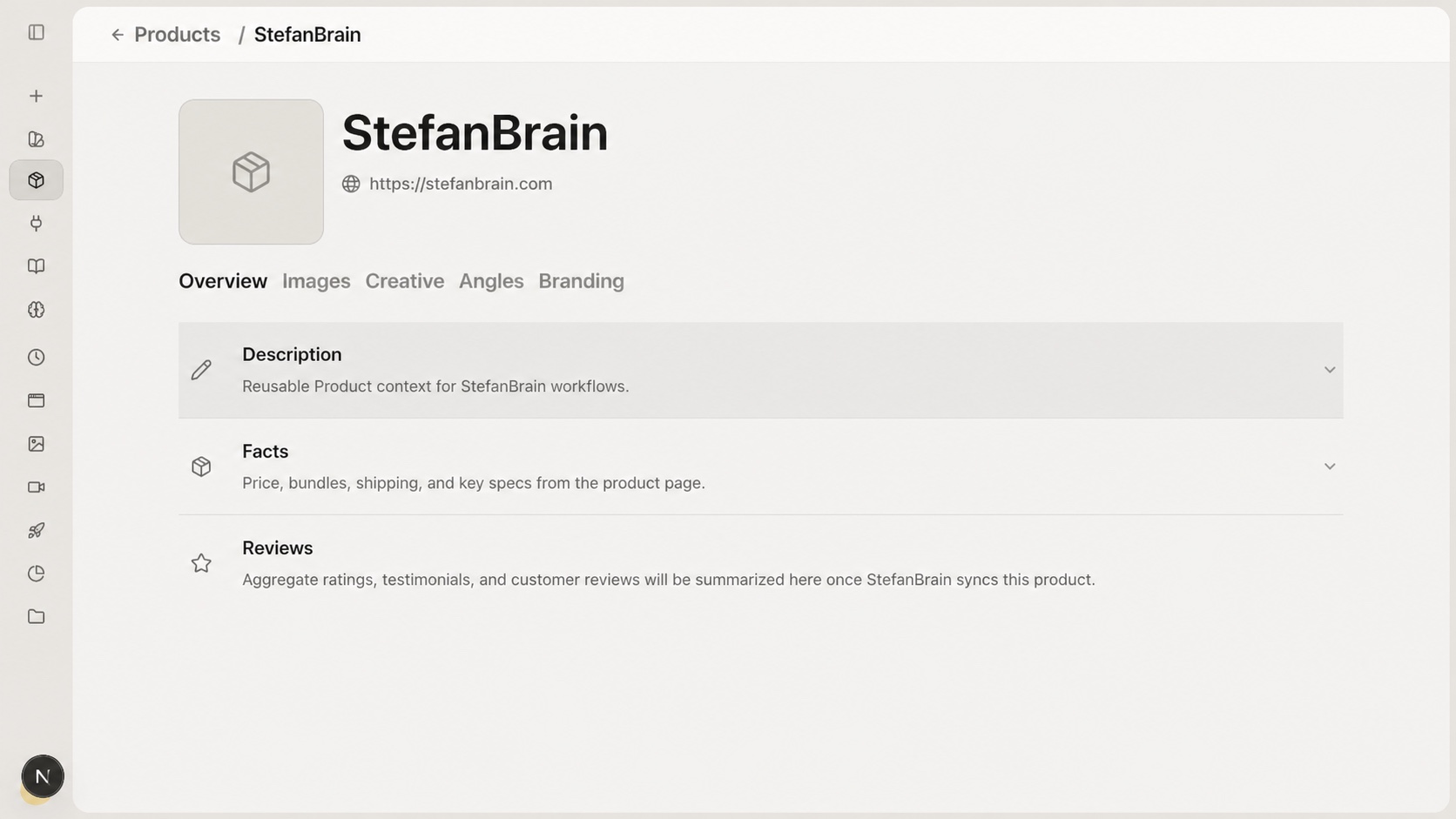 StefanBrain Product Overview showing separate Description, Facts, and Reviews sections